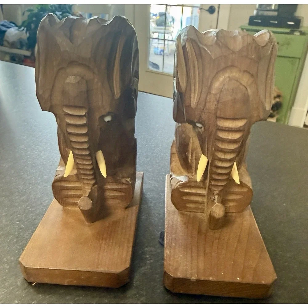 Vintage Hand-Carved Solid Wood Elephant Bookends (Pair)